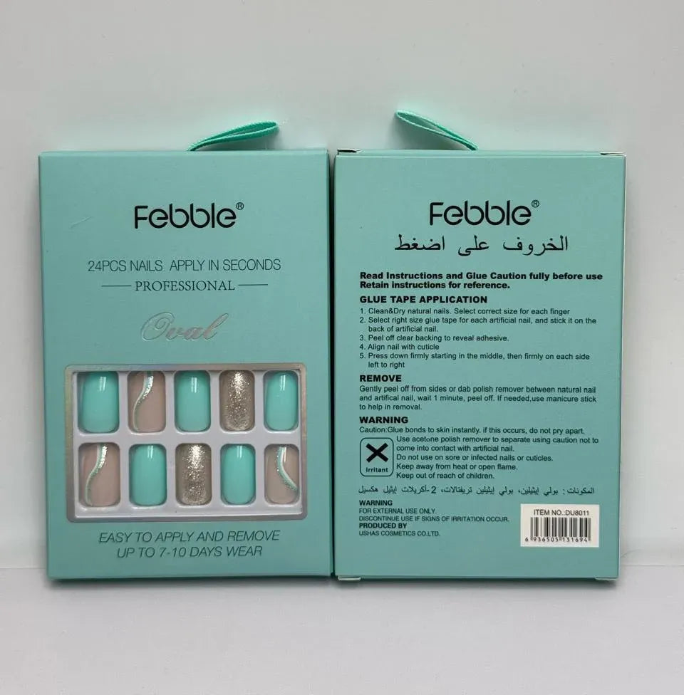 Febble - Oval Mint & Silver Glitter Press-On Nails